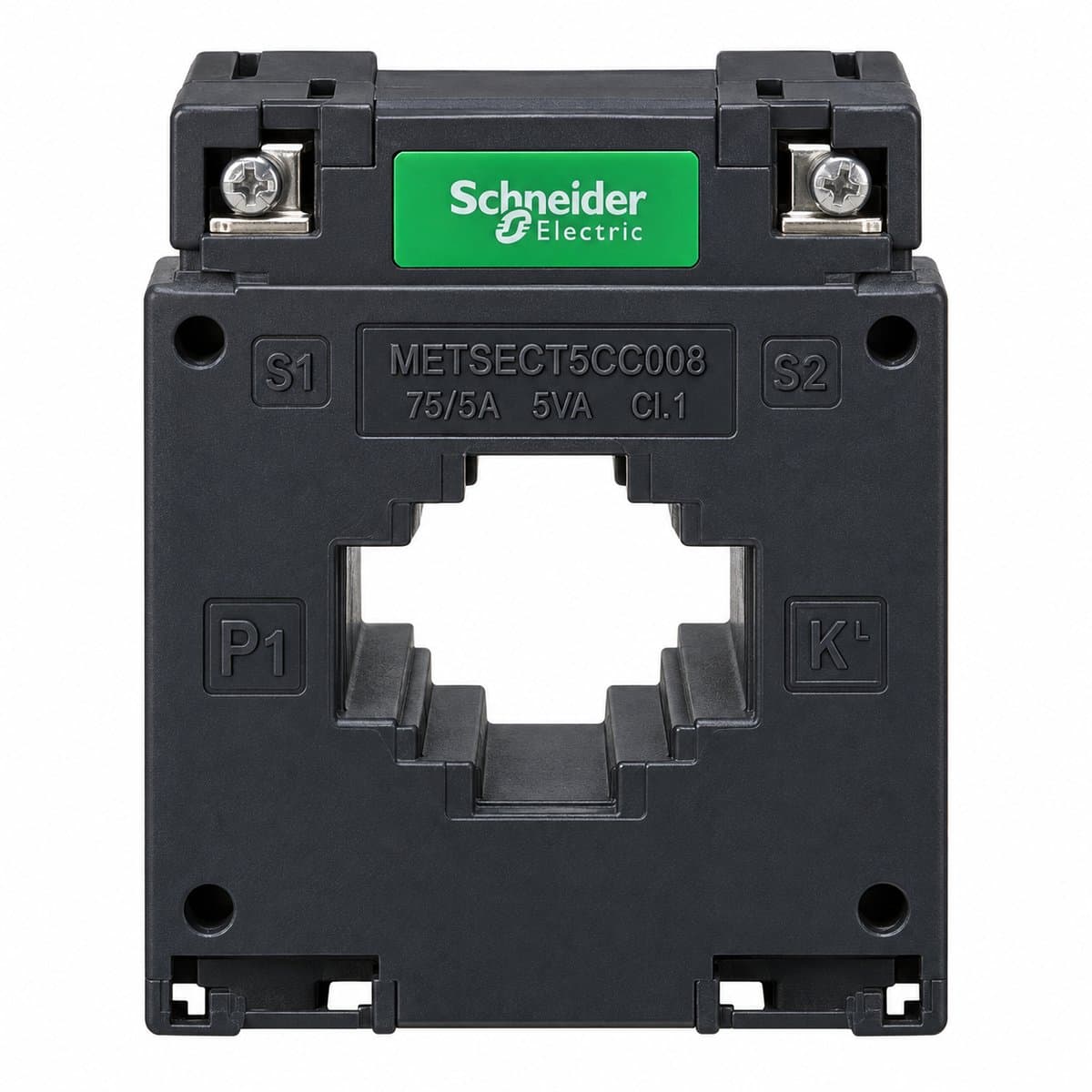 Máy biến dòng tỷ lệ Ip/5A Schneider trên nền trắng, ảnh sản phẩm chính diện