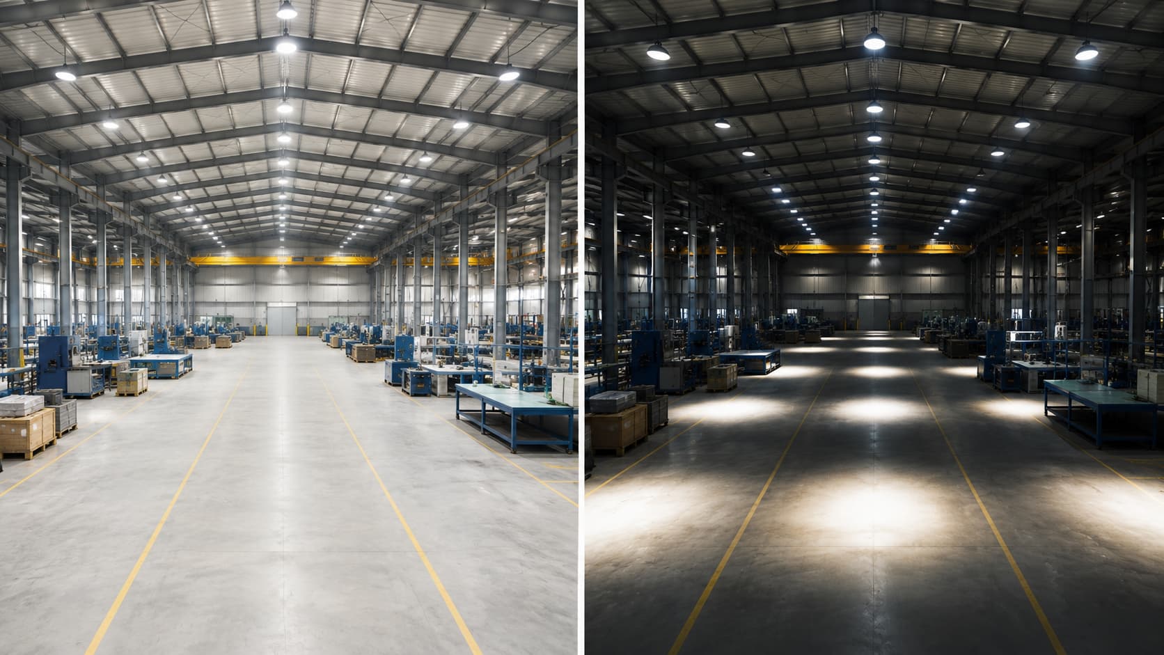 So sánh hiệu quả chiếu sáng giữa hai khu vực nhà xưởng sử dụng cùng loại đèn LED