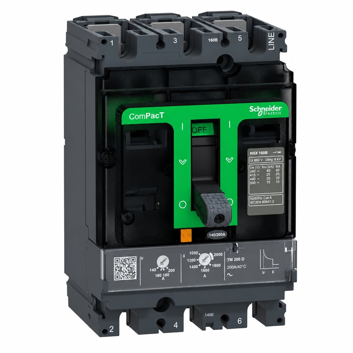 MCCB ComPacT NSX160 B/F cố định Schneider trên nền trắng, ảnh sản phẩm chính diện