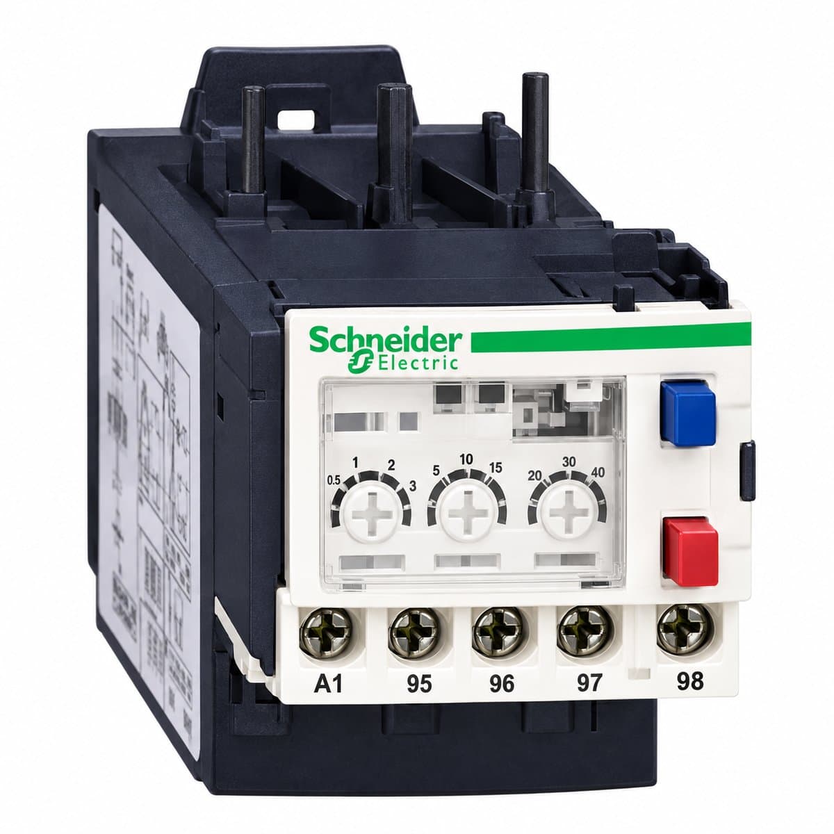 Rơ le quá dòng điện tử EOCR LR97 Schneider trên nền trắng, ảnh sản phẩm chính diện