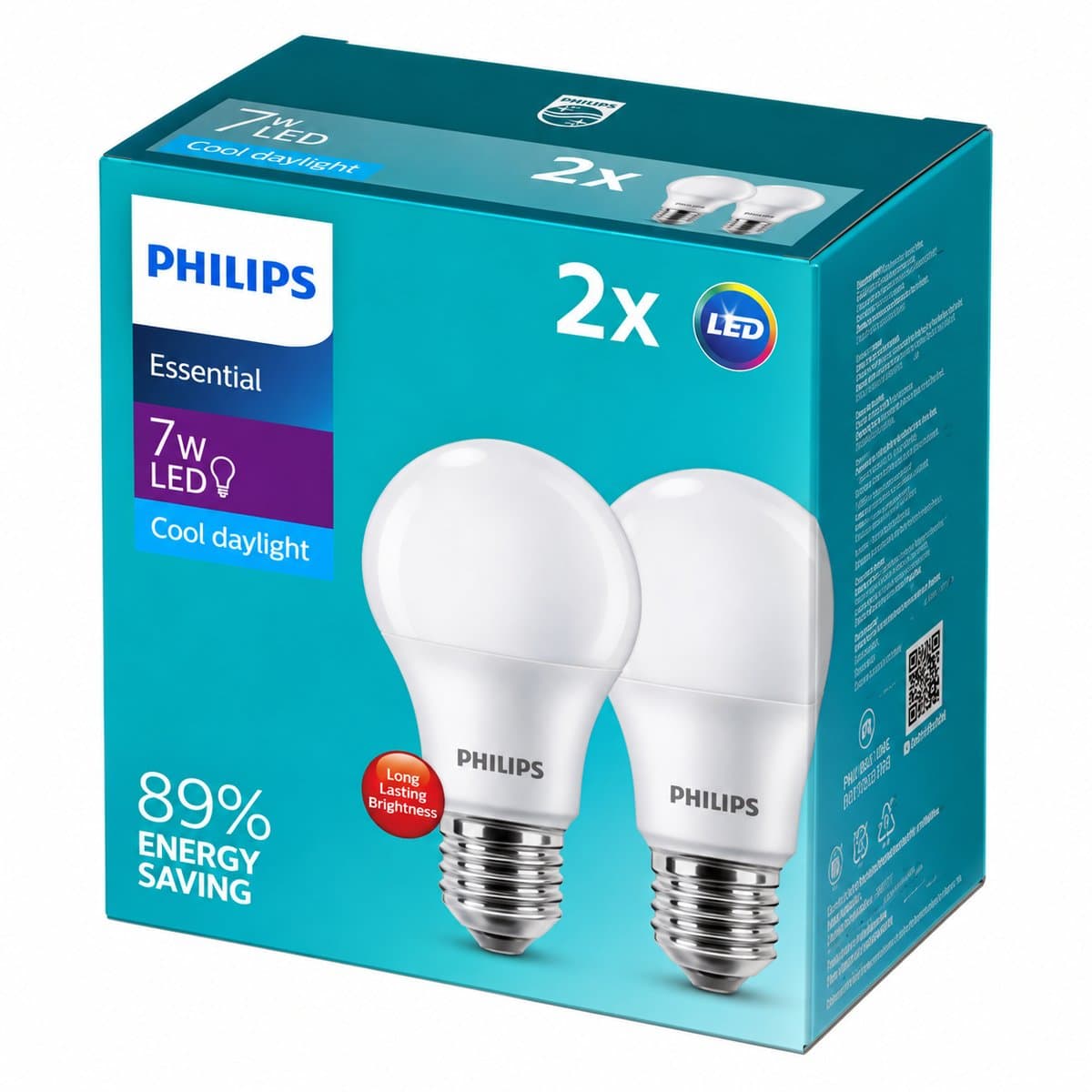 Bộ 2 bóng LED Bulb Essential Philips trên nền trắng, ảnh sản phẩm chính diện