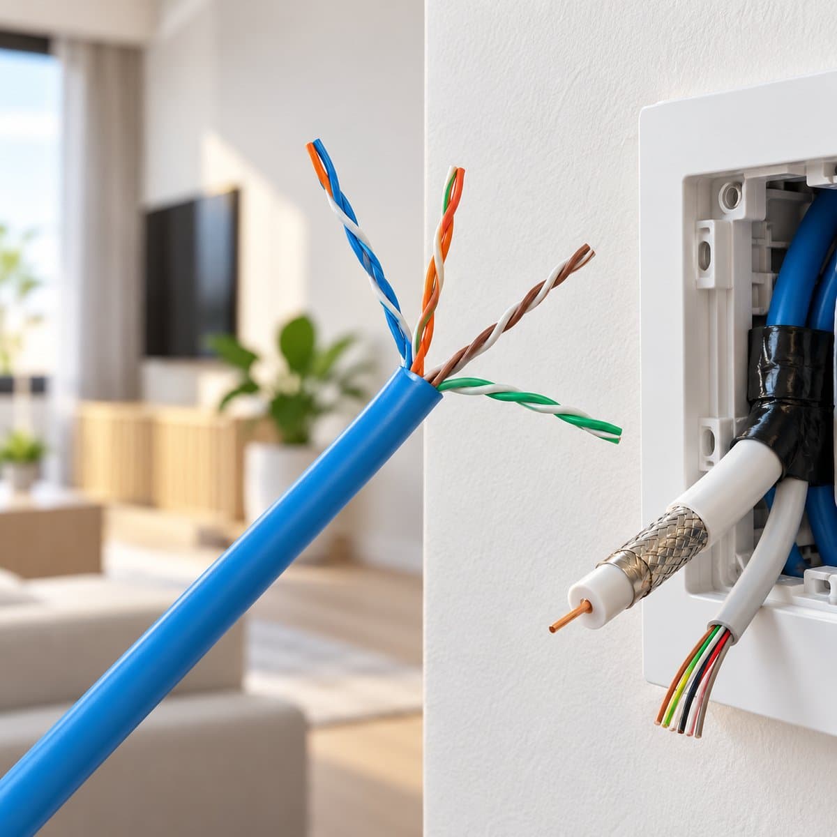 Dây cáp mạng, cáp đồng trục, dây điện thoại, băng keo cách điện Panasonic đã lắp đặt trong nhà