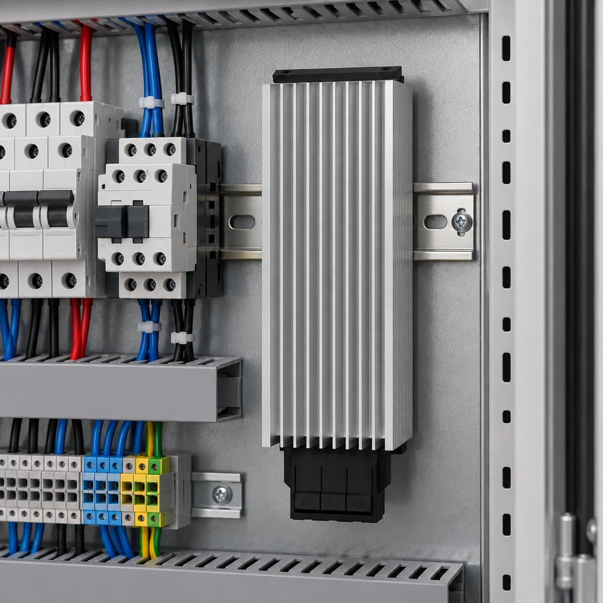 Điện trở sưởi tủ điện cầu đấu Schneider đã lắp đặt trong nhà