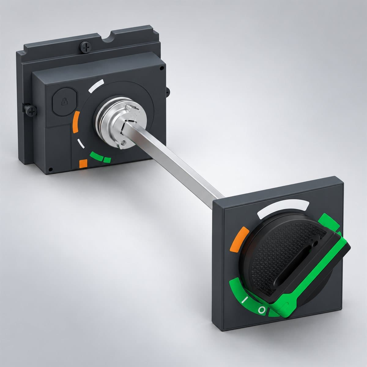 Tay xoay nối dài, cần thu gọn cho MCCB ComPacT NSX Schneider chụp góc nghiêng 3/4, thấy rõ mặt và cạnh bên
