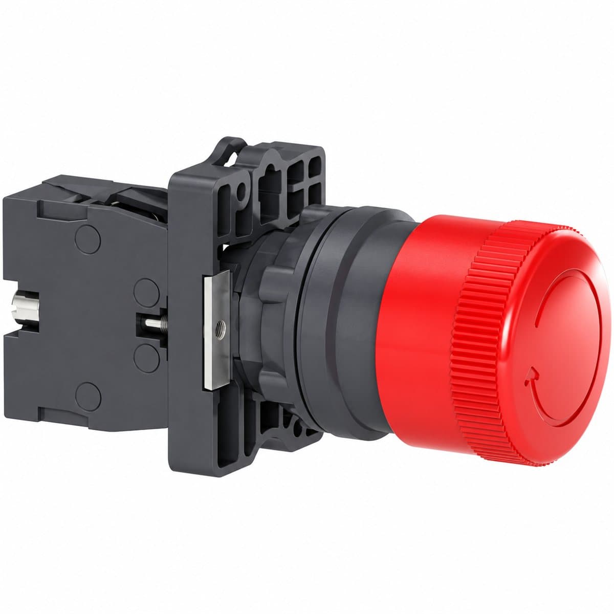 Nút dừng khẩn xoay nhả Harmony XA2 Ø22 Schneider trên nền trắng, ảnh sản phẩm chính diện