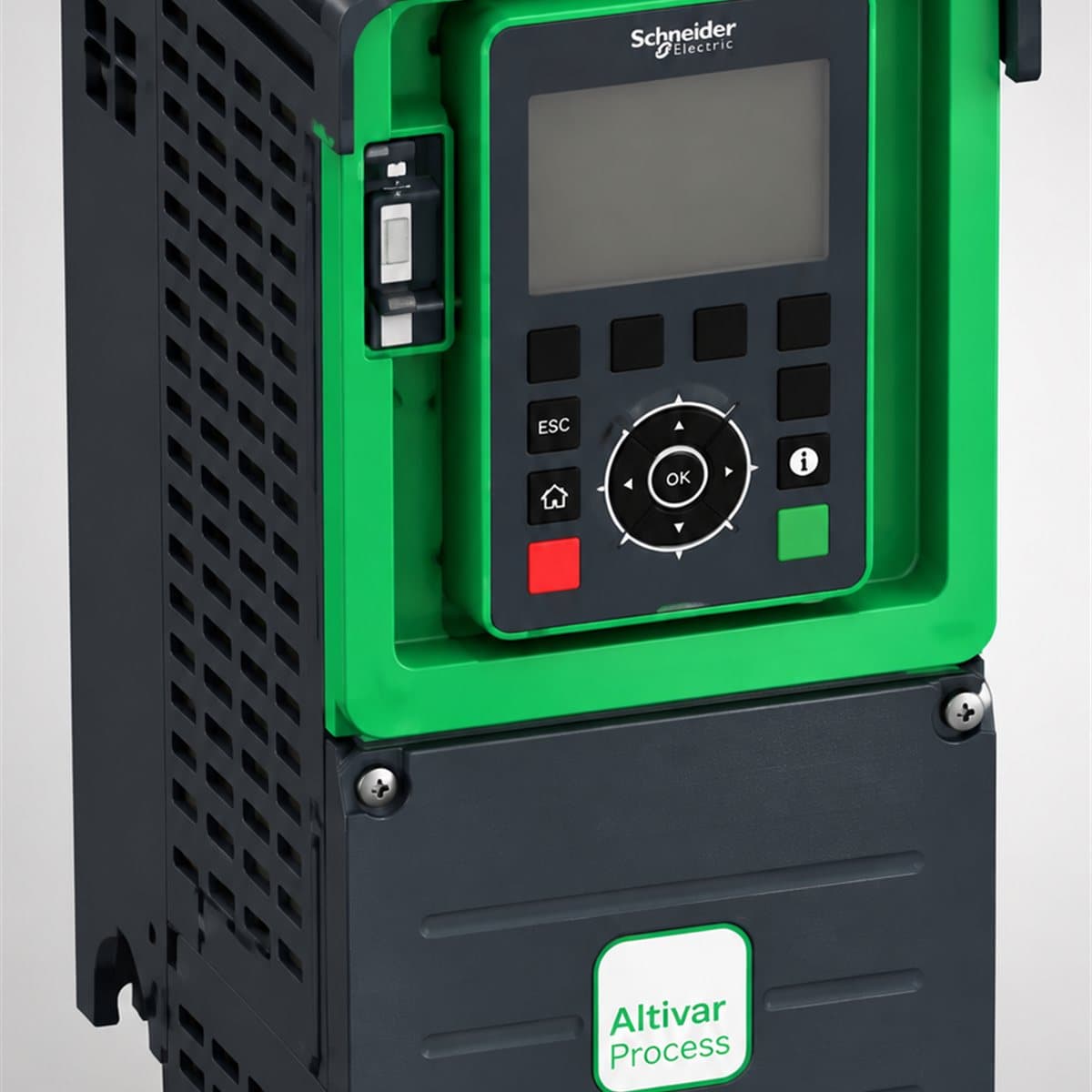 Biến tần treo tường Altivar Process ATV930 Schneider chụp góc nghiêng 3/4, thấy rõ mặt và cạnh bên