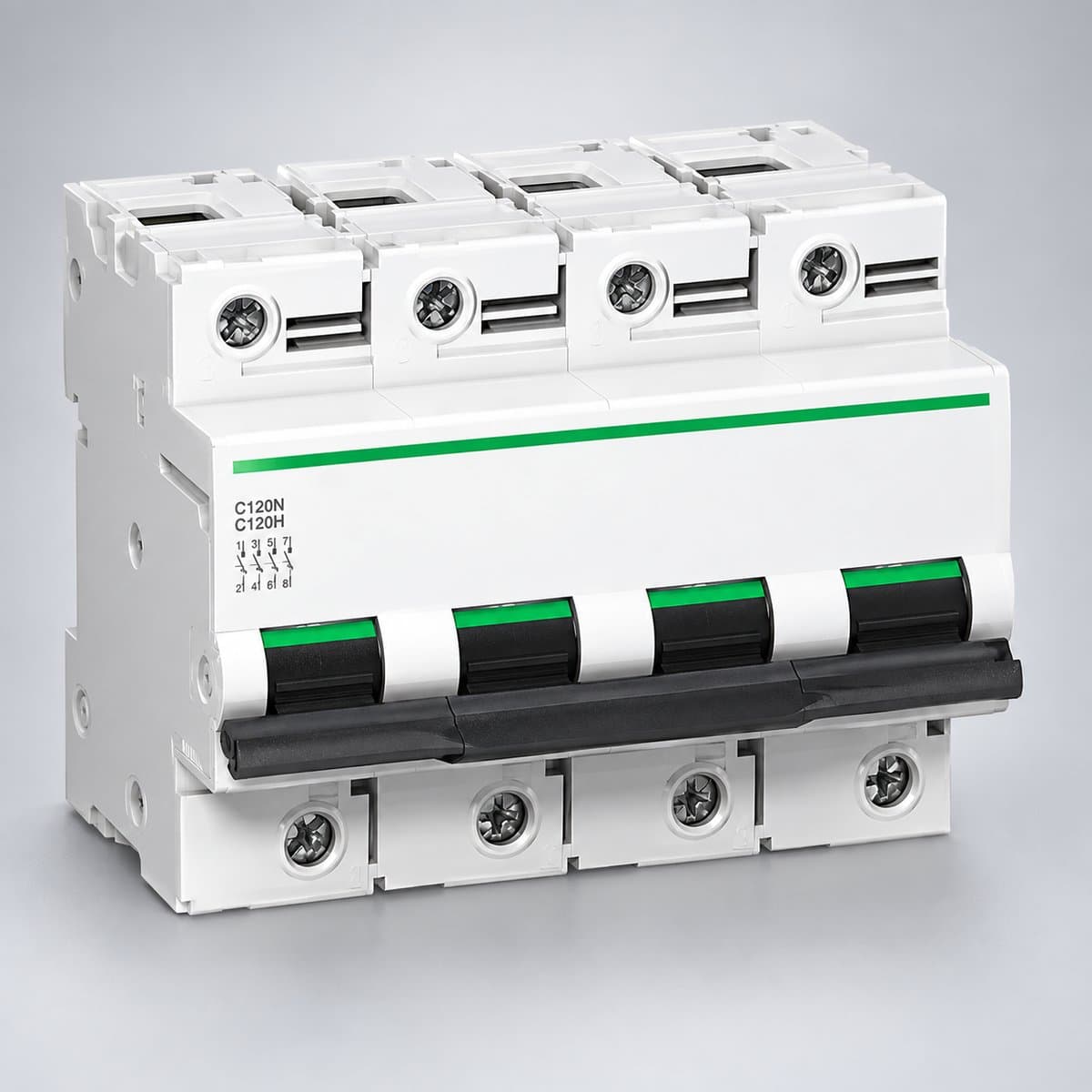 Cầu dao tự động Acti9 C120N và C120H Schneider chụp góc nghiêng 3/4, thấy rõ mặt và cạnh bên