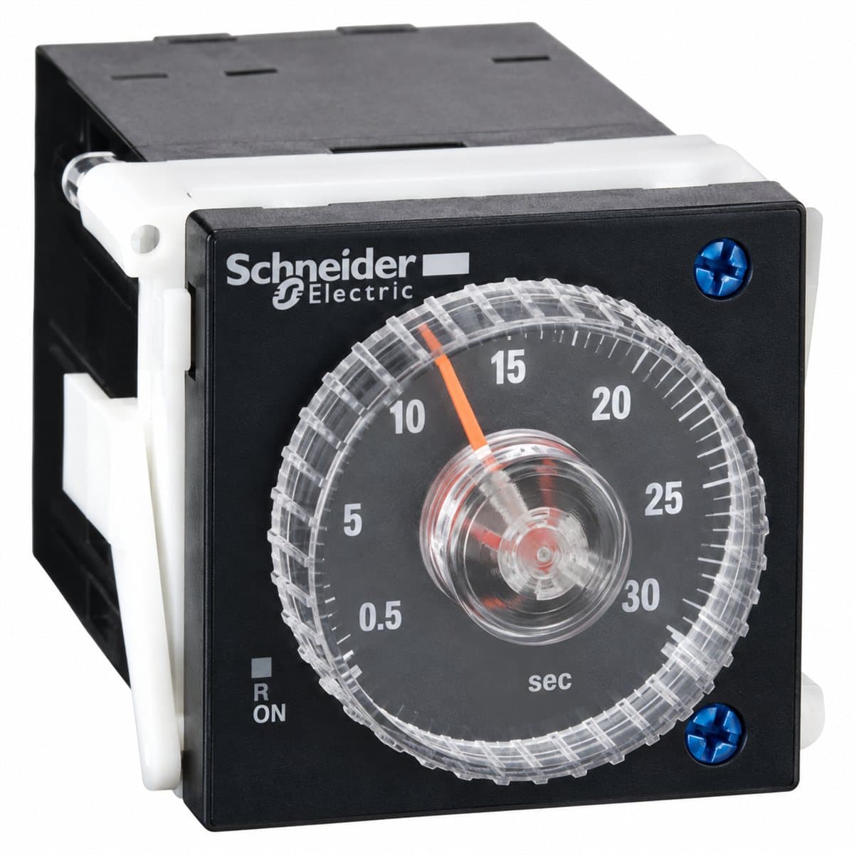 Rơ le thời gian RE48 gắn mặt tủ Schneider trên nền trắng, ảnh sản phẩm chính diện
