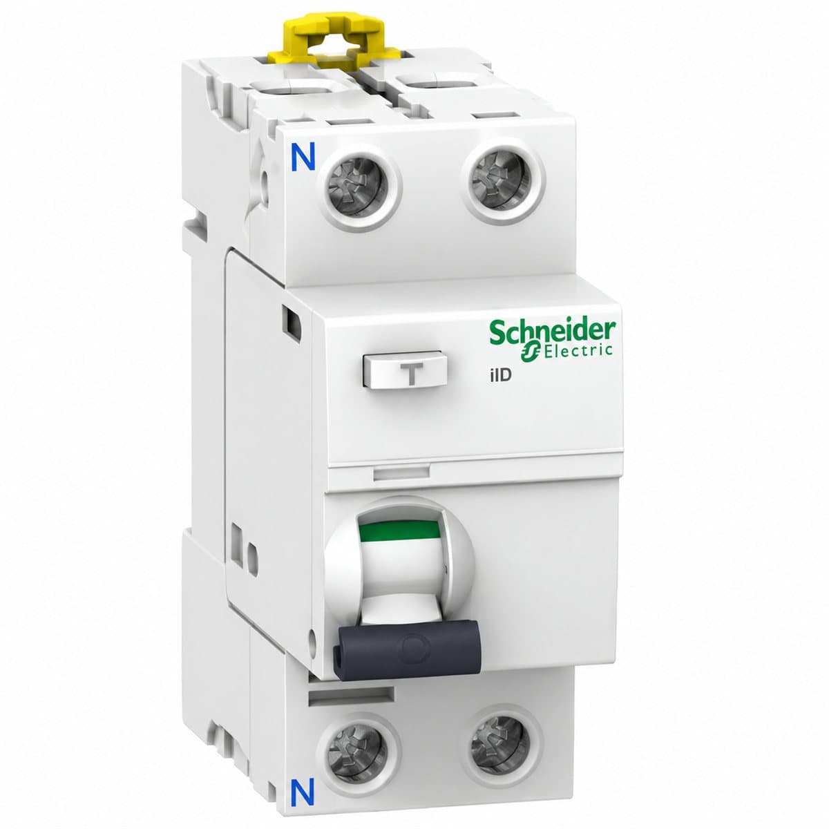 RCCB Acti9 iID Schneider trên nền trắng, ảnh sản phẩm chính diện