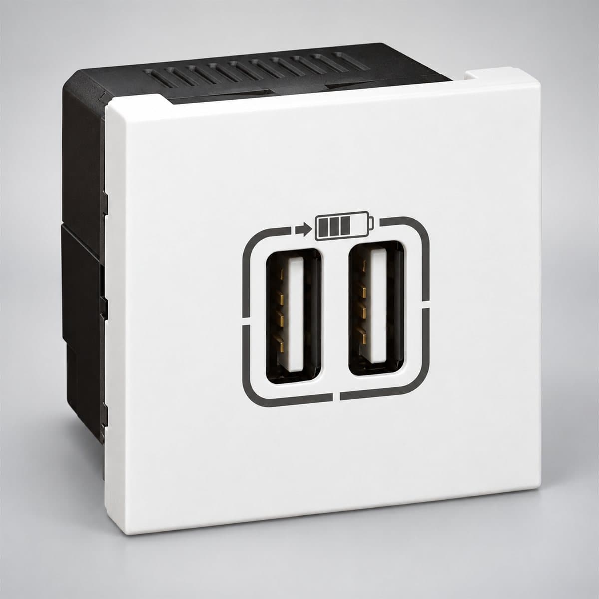 Ổ sạc USB đôi type A, 15W, 2 mô-đun Mosaic cho hộp âm sàn Legrand chụp góc nghiêng 3/4, thấy rõ mặt và cạnh bên