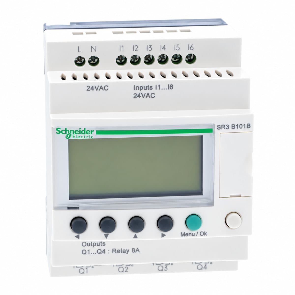 Rơ le thông minh Zelio Logic Modular, có màn hình Schneider trên nền trắng, ảnh sản phẩm chính diện
