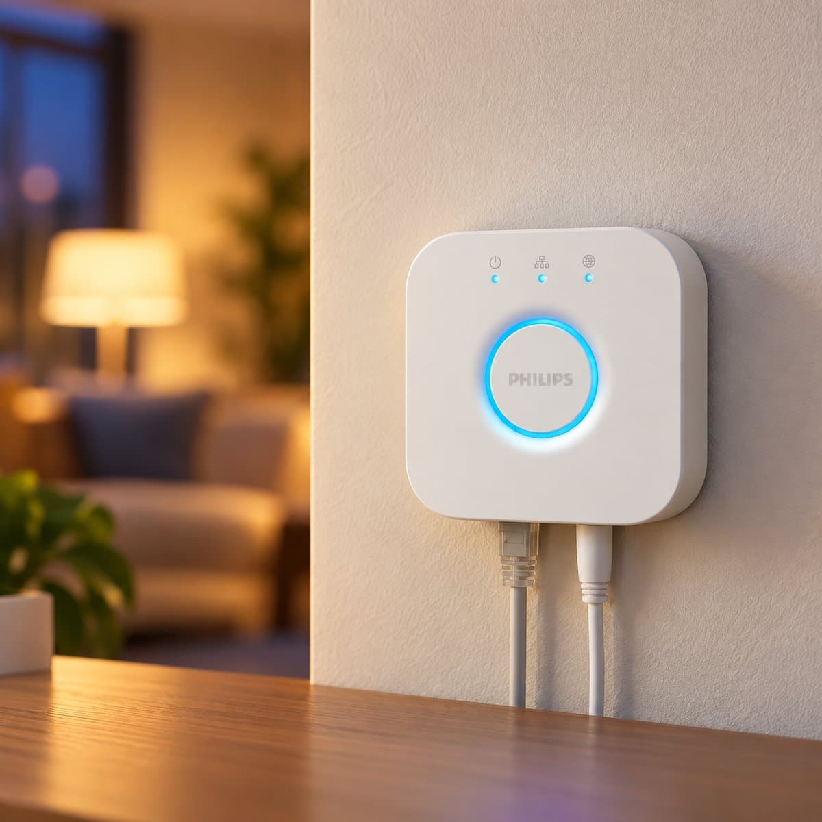 Bộ điều khiển trung tâm Hue Bridge Philips đã lắp đặt trong nhà