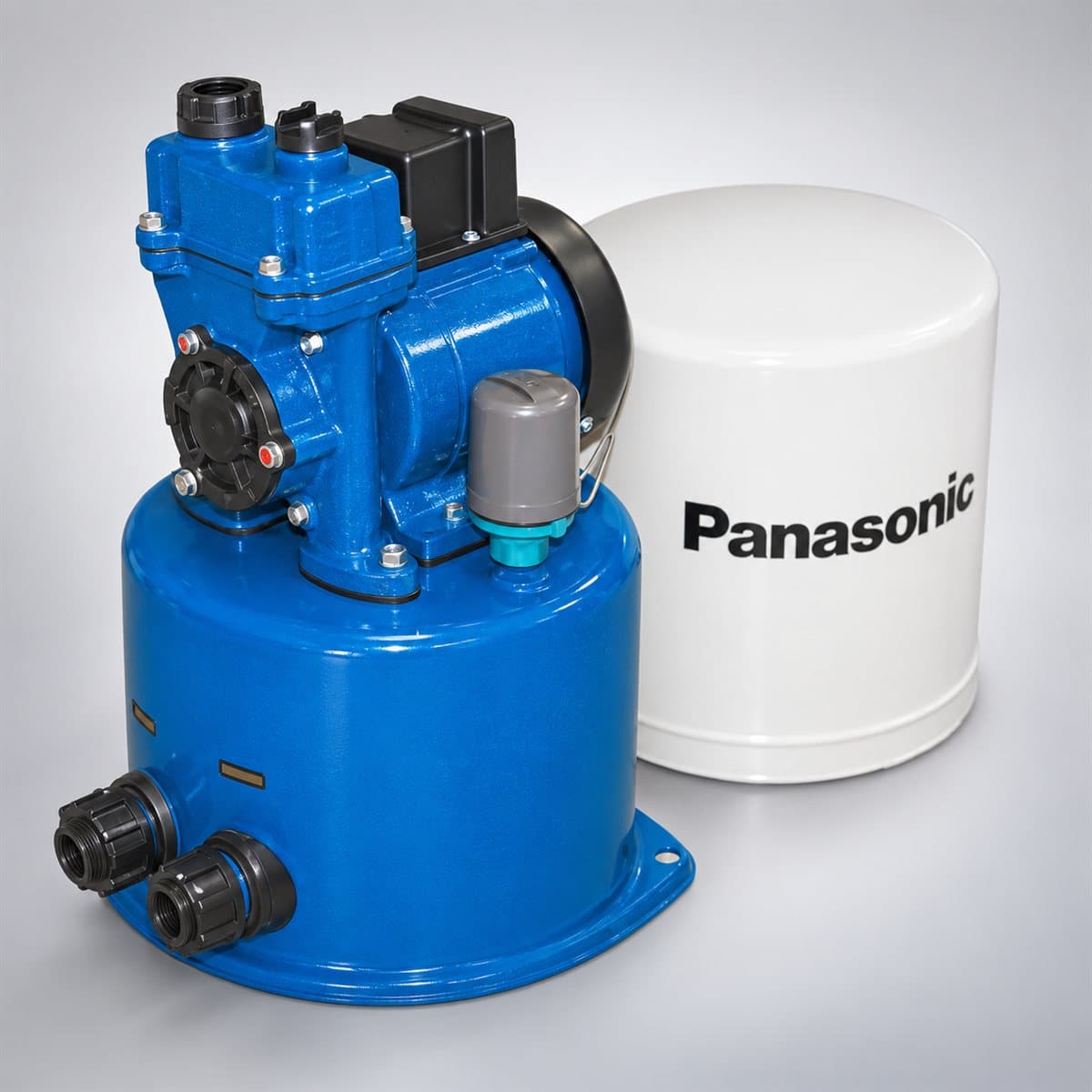 Máy bơm tăng áp tự động JTX Panasonic chụp góc nghiêng 3/4, thấy rõ mặt và cạnh bên
