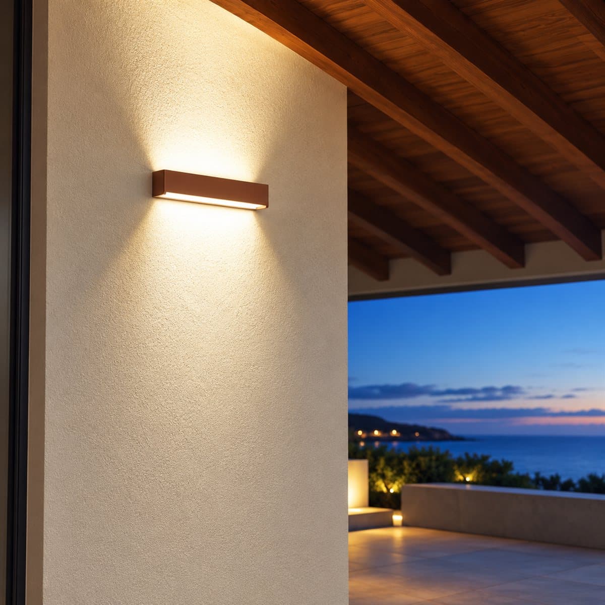 Đèn gắn tường ngoài trời LED NBL1291 Panasonic đã lắp đặt, đang chiếu sáng