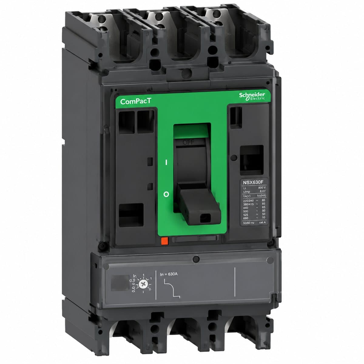 MCCB ComPacT NSX400/630 F cố định Schneider trên nền trắng, ảnh sản phẩm chính diện