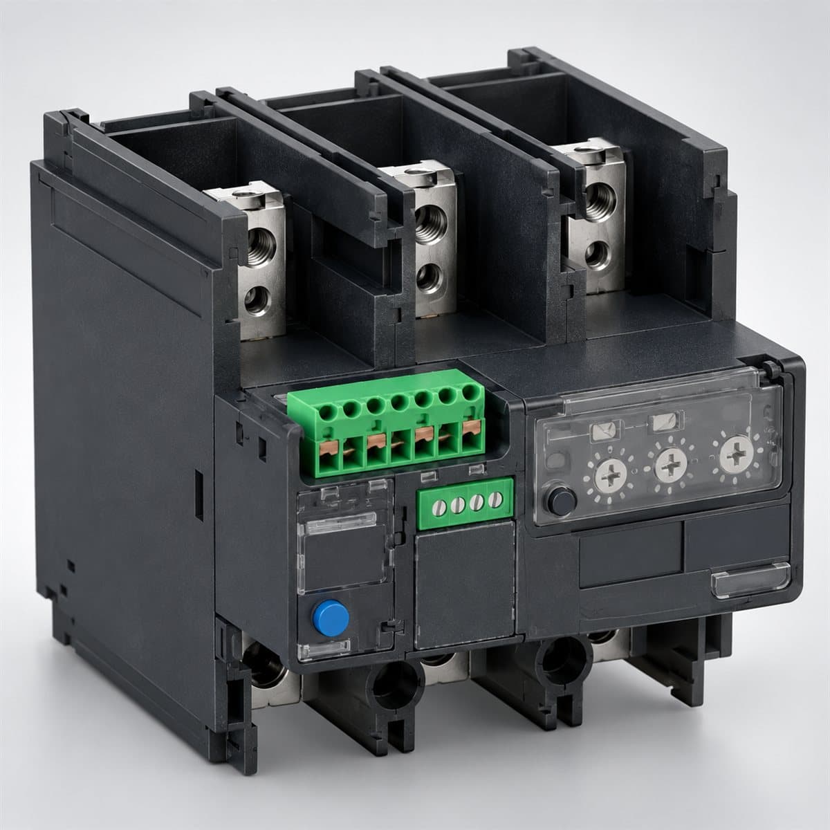 Rơ le quá tải điện tử TeSys Giga LR9G Schneider chụp góc nghiêng 3/4, thấy rõ mặt và cạnh bên