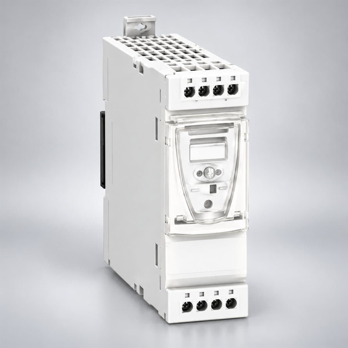 Bộ nguồn Modicon Universal ABL8 1/2 pha Schneider chụp góc nghiêng 3/4, thấy rõ mặt và cạnh bên