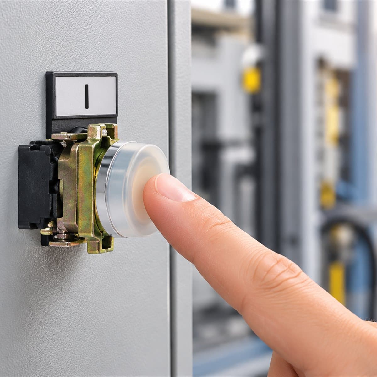 Đầu nút nhấn phẳng chụp silicon Harmony XB4 Schneider đã lắp đặt trong nhà