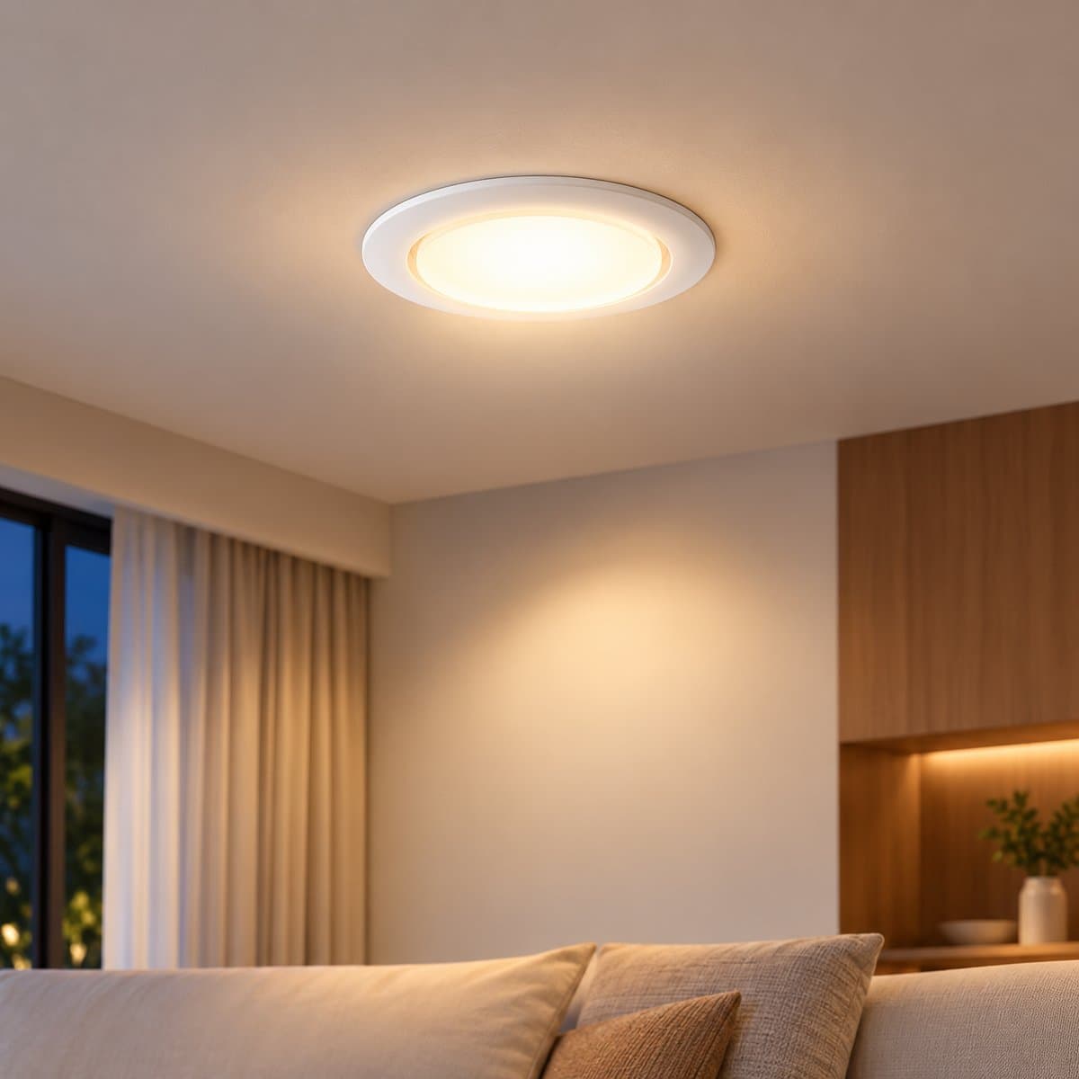 Đèn âm trần thông minh WiZ Tunable White đã lắp đặt, đang chiếu sáng