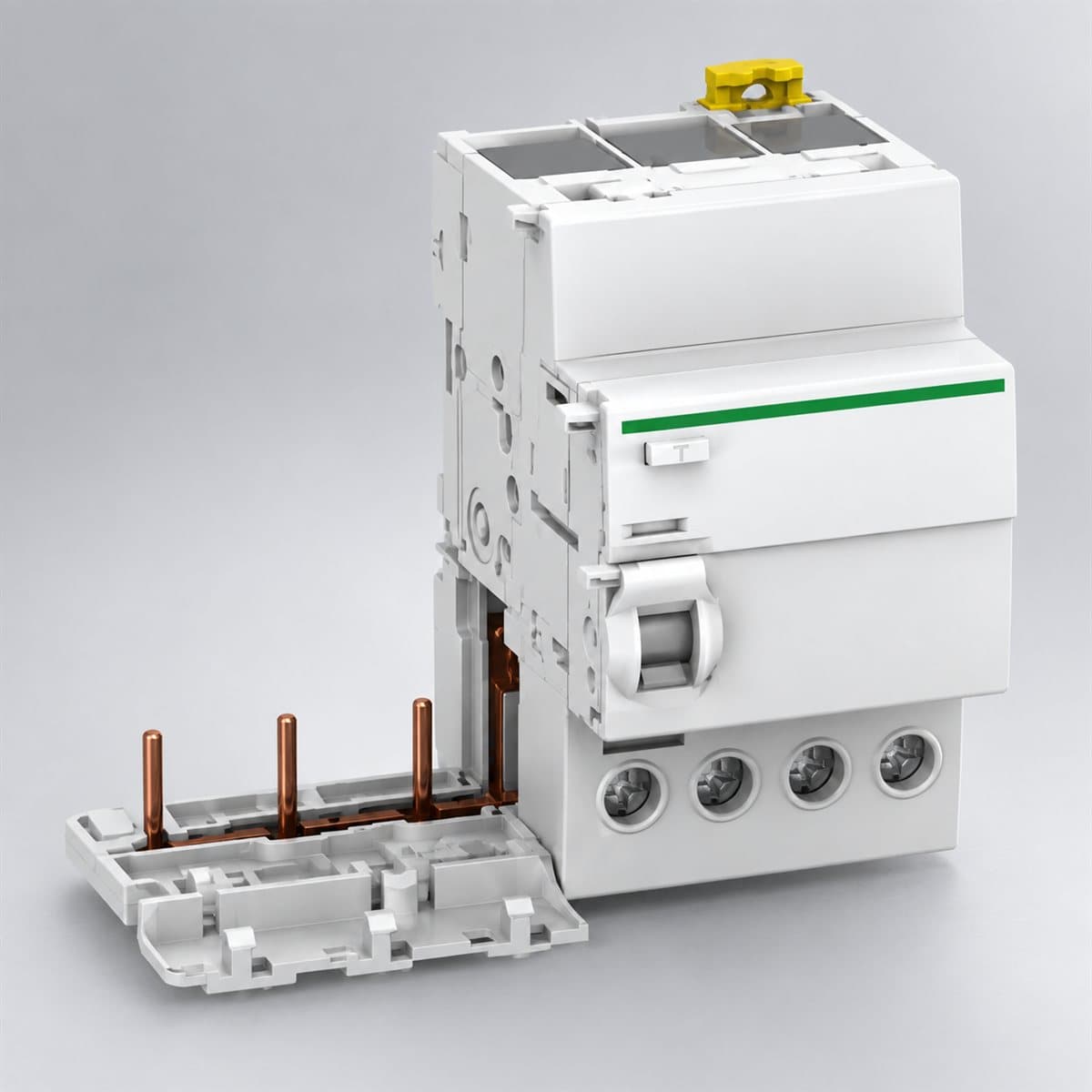 Mô-đun Vigi Acti9 iC60 Schneider chụp góc nghiêng 3/4, thấy rõ mặt và cạnh bên