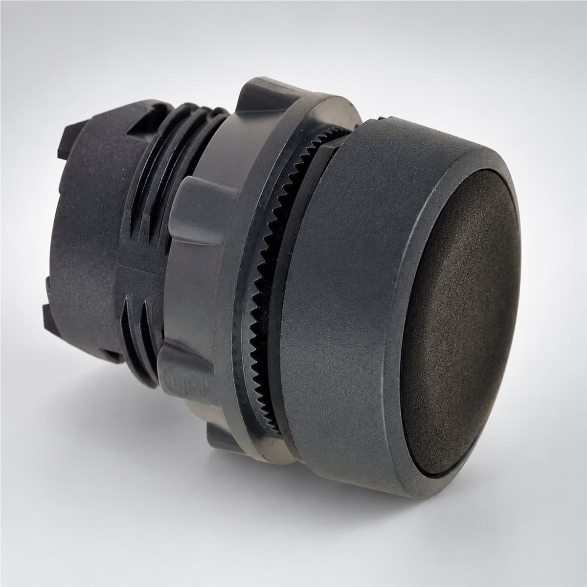 Đầu nút nhấn phẳng Harmony XB5 Schneider chụp góc nghiêng 3/4, thấy rõ mặt và cạnh bên
