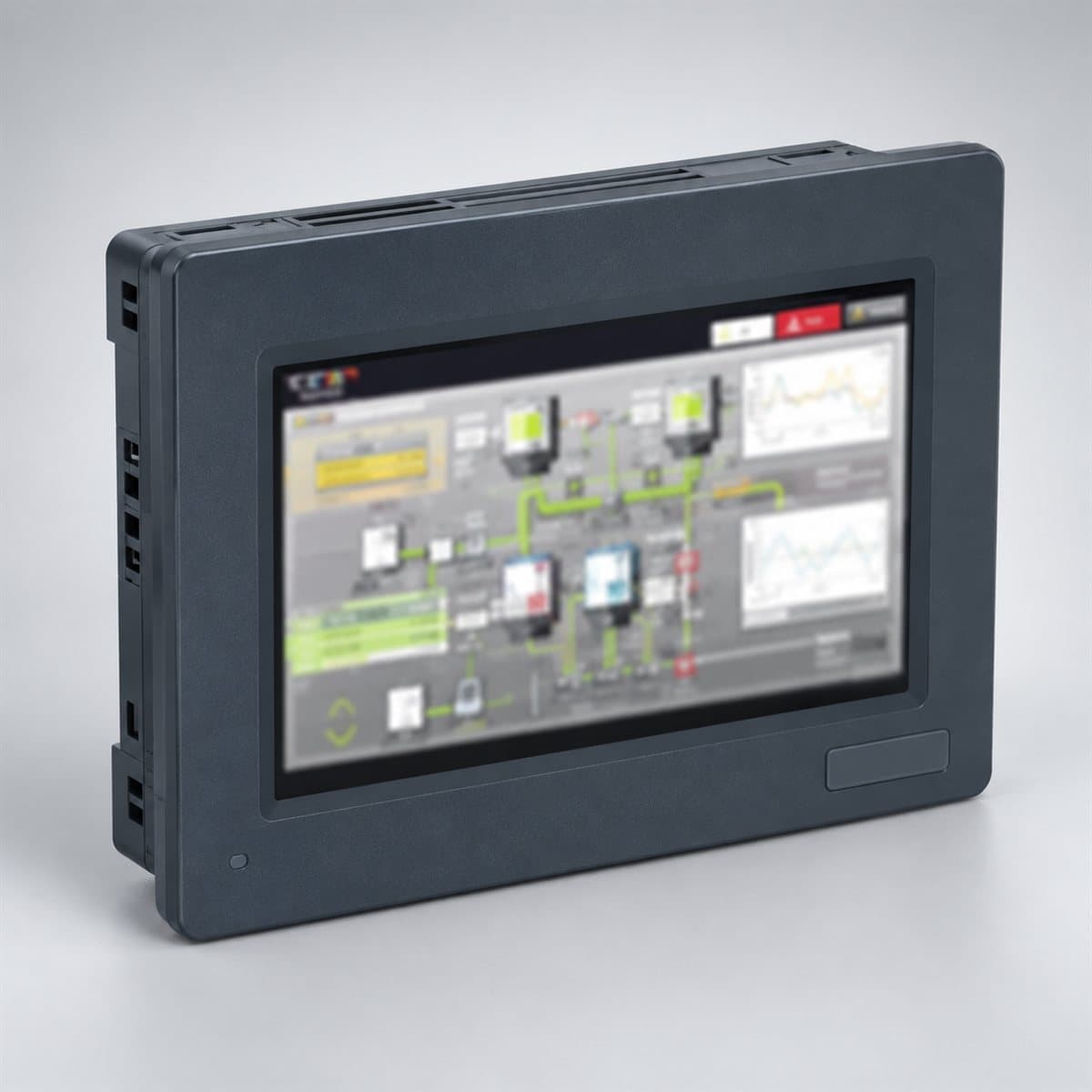 Màn hình HMI Harmony GTU Schneider chụp góc nghiêng 3/4, thấy rõ mặt và cạnh bên