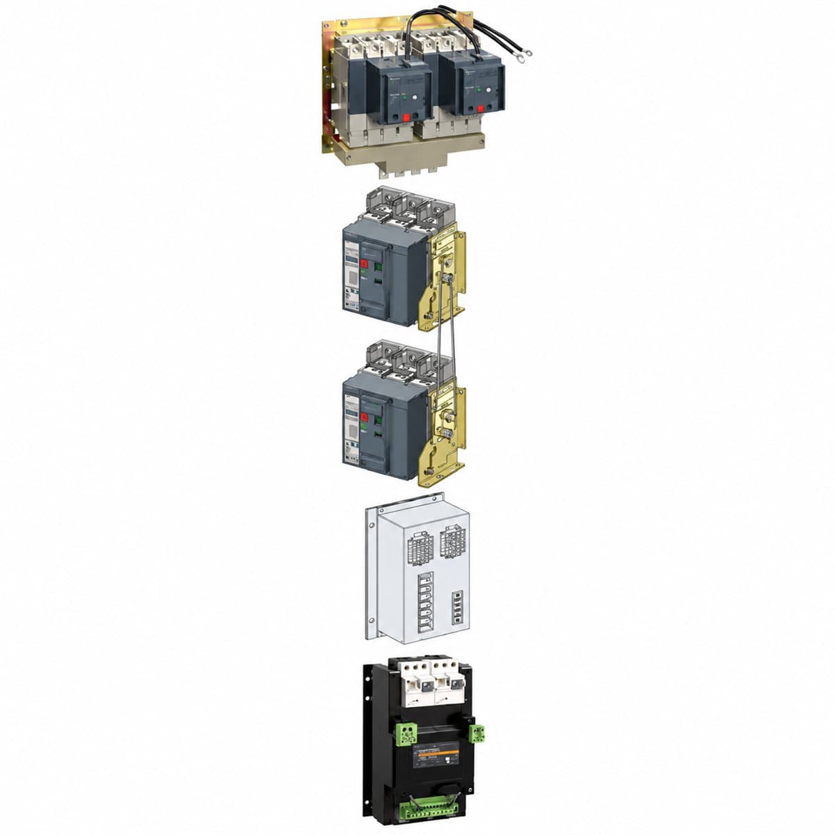 Bộ chuyển nguồn ATS ComPacT NSX 100-250A Schneider trên nền trắng, ảnh sản phẩm chính diện