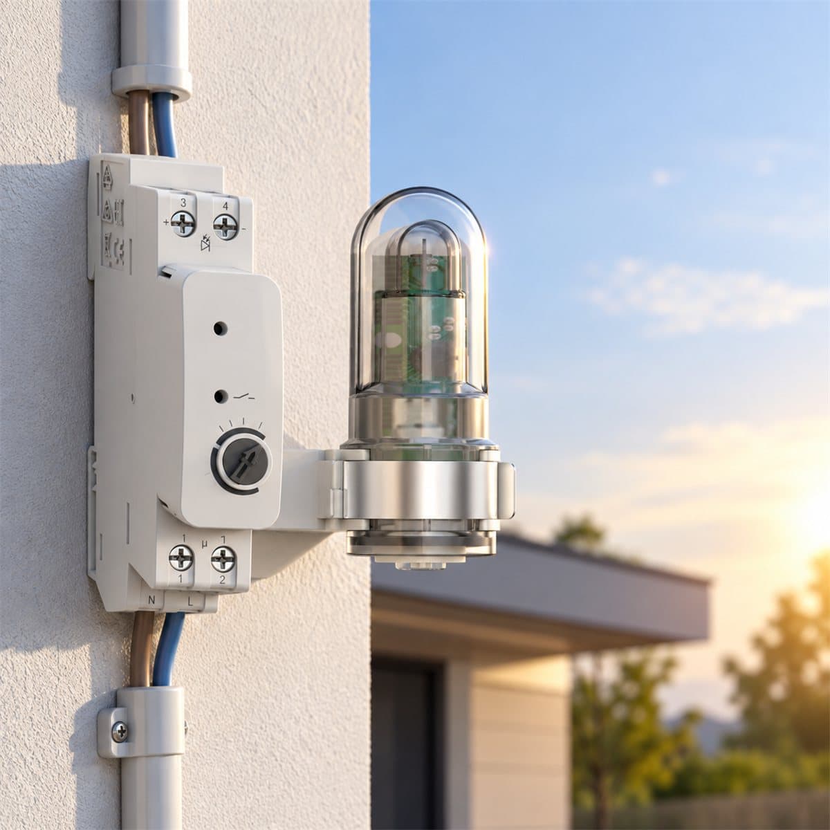 Cảm biến độ sáng gắn tường Schneider đã lắp đặt trong nhà
