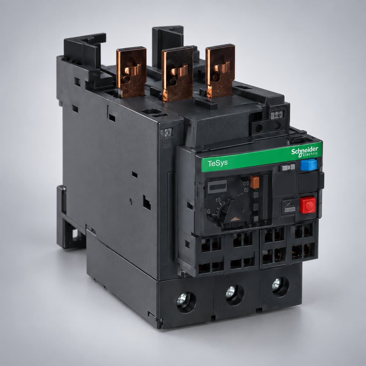 Rơ le nhiệt TeSys LRD Schneider chụp góc nghiêng 3/4, thấy rõ mặt và cạnh bên