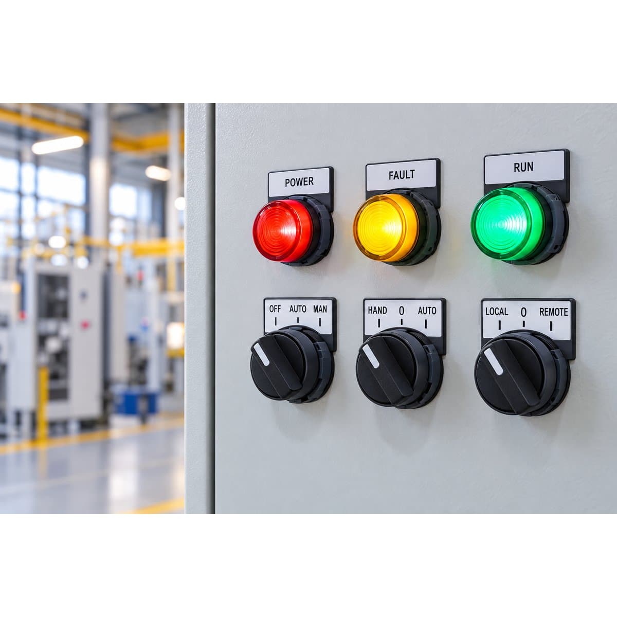Đèn báo pha và Công tắc xoay XB5 Ø22 với vành nhựa - Mô-đun Schneider đã lắp đặt trong nhà