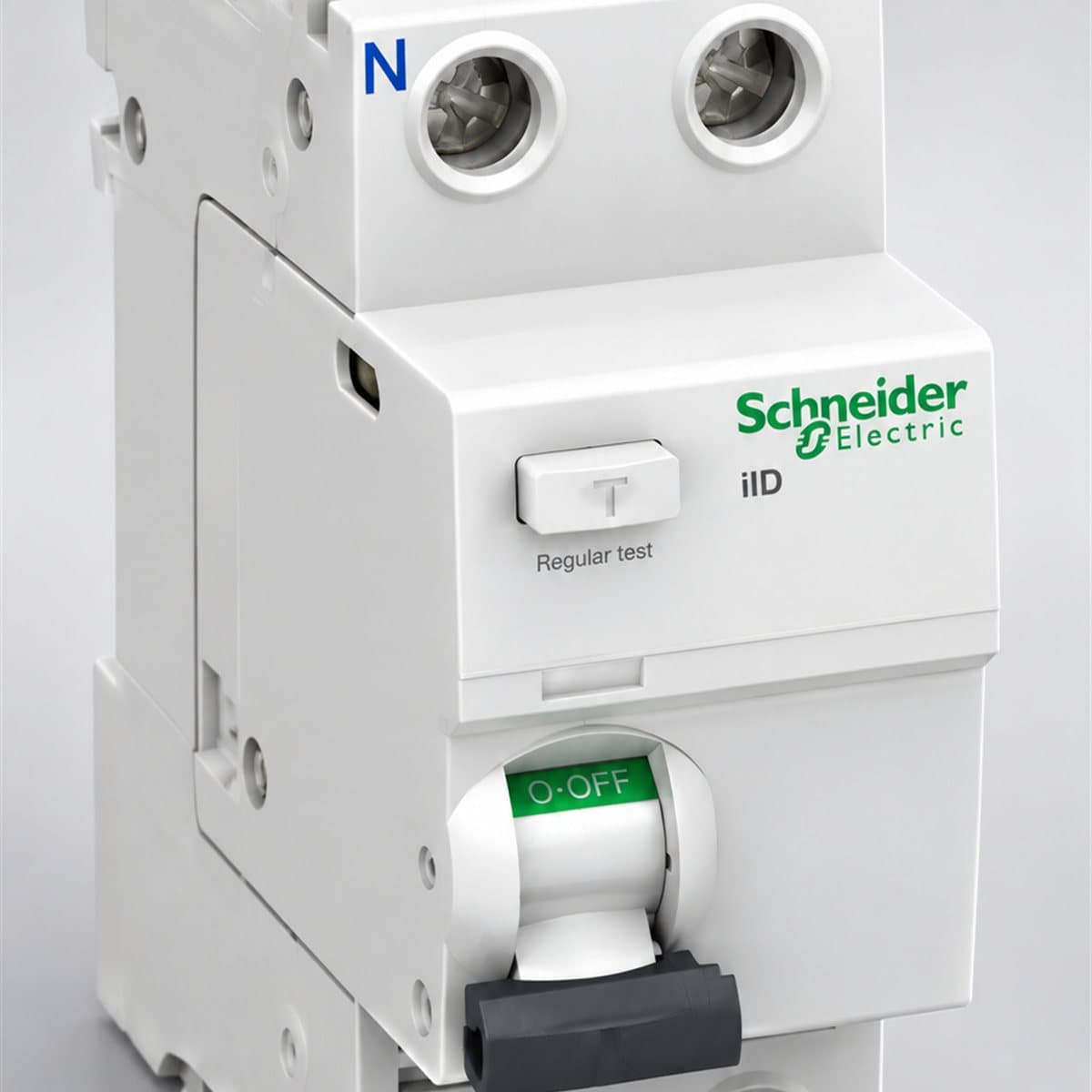 RCCB Acti9 iID Schneider chụp góc nghiêng 3/4, thấy rõ mặt và cạnh bên