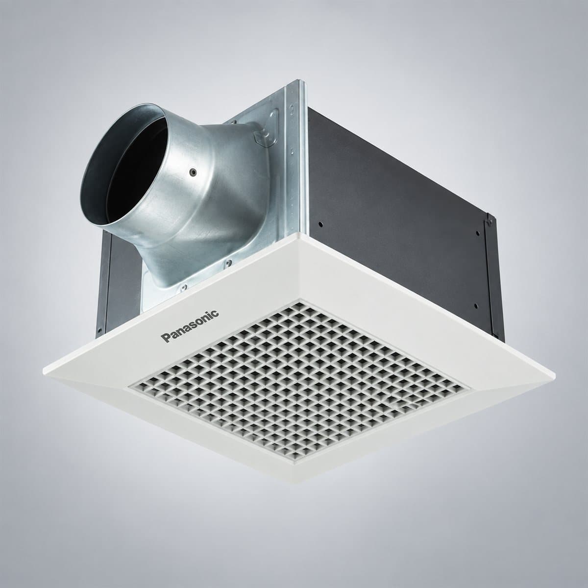 Quạt hút âm trần ống Ø150mm, 2 cấp tốc độ Panasonic chụp góc nghiêng 3/4, thấy rõ mặt và cạnh bên