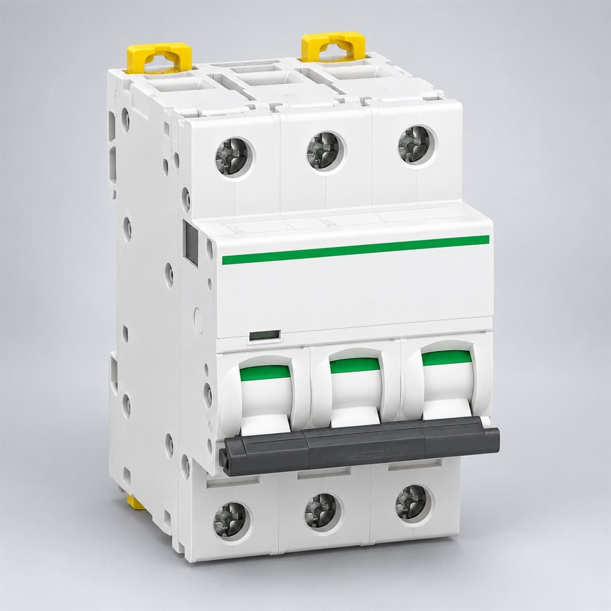 MCB Acti9 iC60L Schneider chụp góc nghiêng 3/4, thấy rõ mặt và cạnh bên