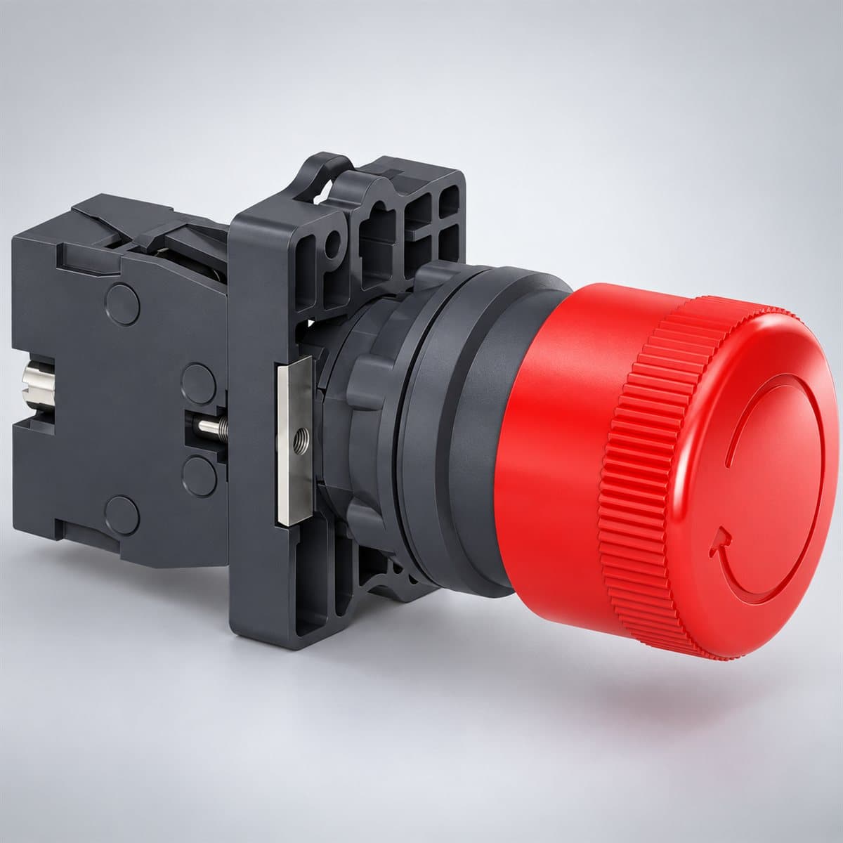 Nút dừng khẩn xoay nhả Harmony XA2 Ø22 Schneider chụp góc nghiêng 3/4, thấy rõ mặt và cạnh bên
