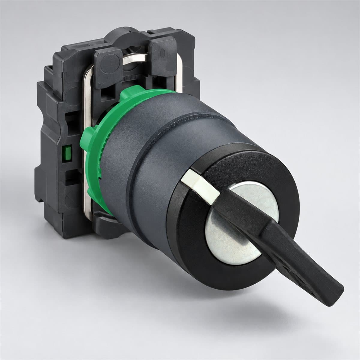 Công tắc chìa khoá (khoá n°455), trọn bộ Harmony XB5 Ø22 Schneider chụp góc nghiêng 3/4, thấy rõ mặt và cạnh bên