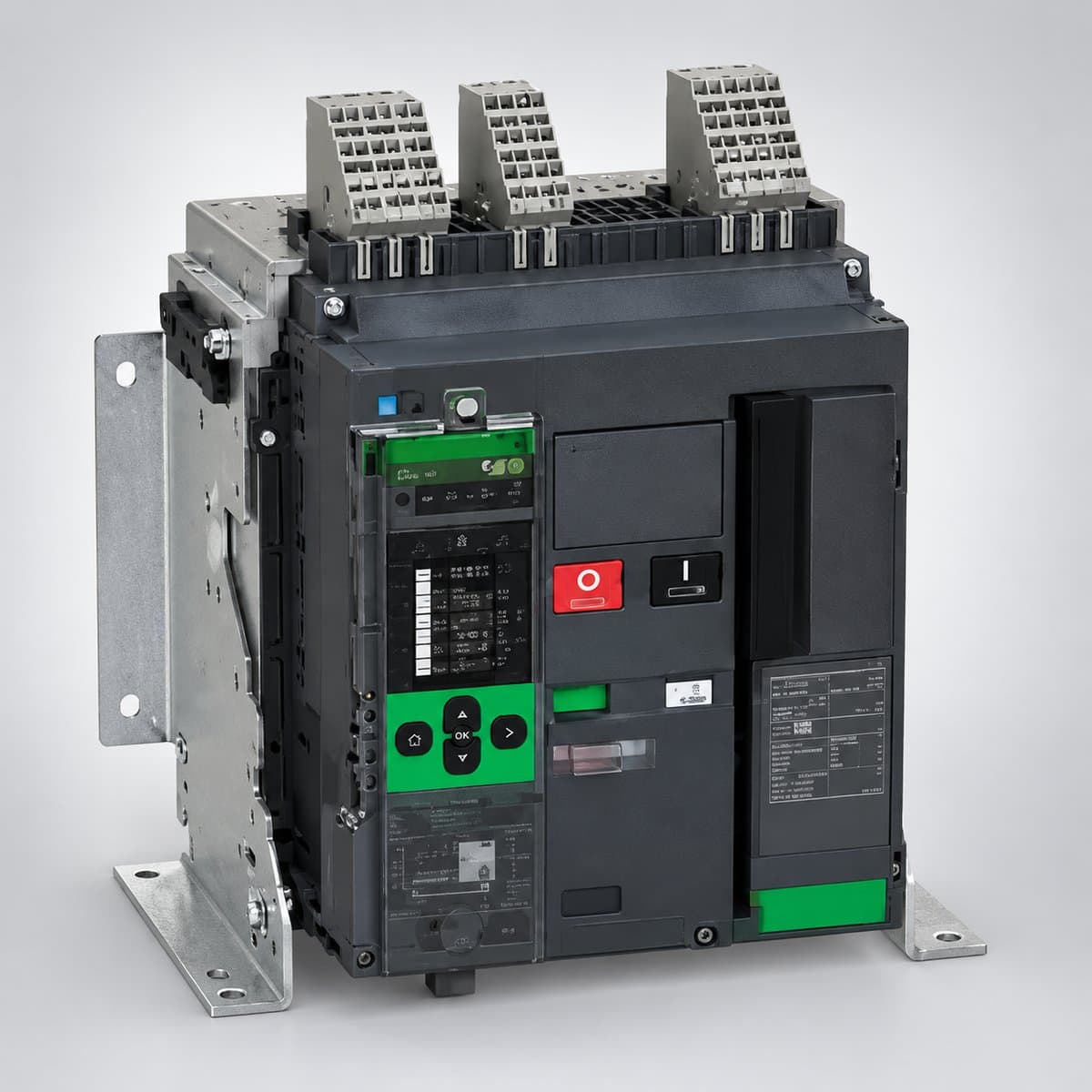 ACB MasterPacT MTZ1 Active 630-1600A Schneider chụp góc nghiêng 3/4, thấy rõ mặt và cạnh bên