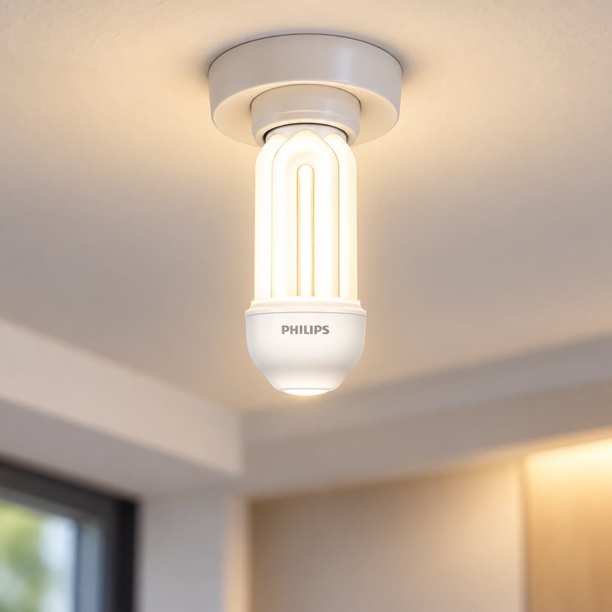 Bóng huỳnh quang compact Genie / Essential Philips đã lắp đặt, đang chiếu sáng