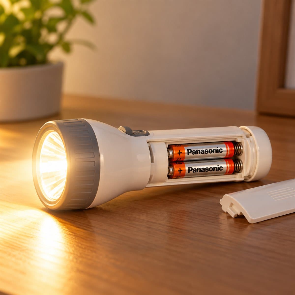 Pin alkaline AAA Panasonic đã lắp đặt, đang chiếu sáng