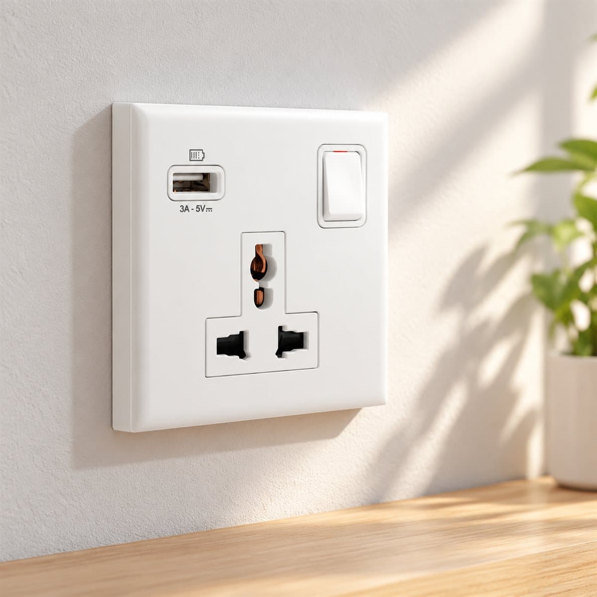 Ổ cắm đa năng có công tắc và ổ sạc USB Type A Eloé Legrand đã lắp đặt trong nhà