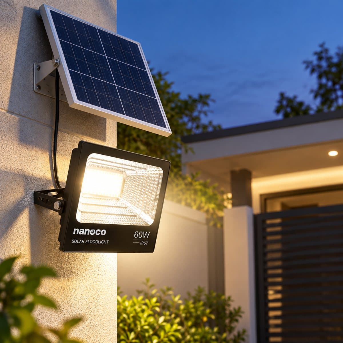 Tấm pin năng lượng mặt trời cho đèn pha solar Panasonic đã lắp đặt, đang chiếu sáng