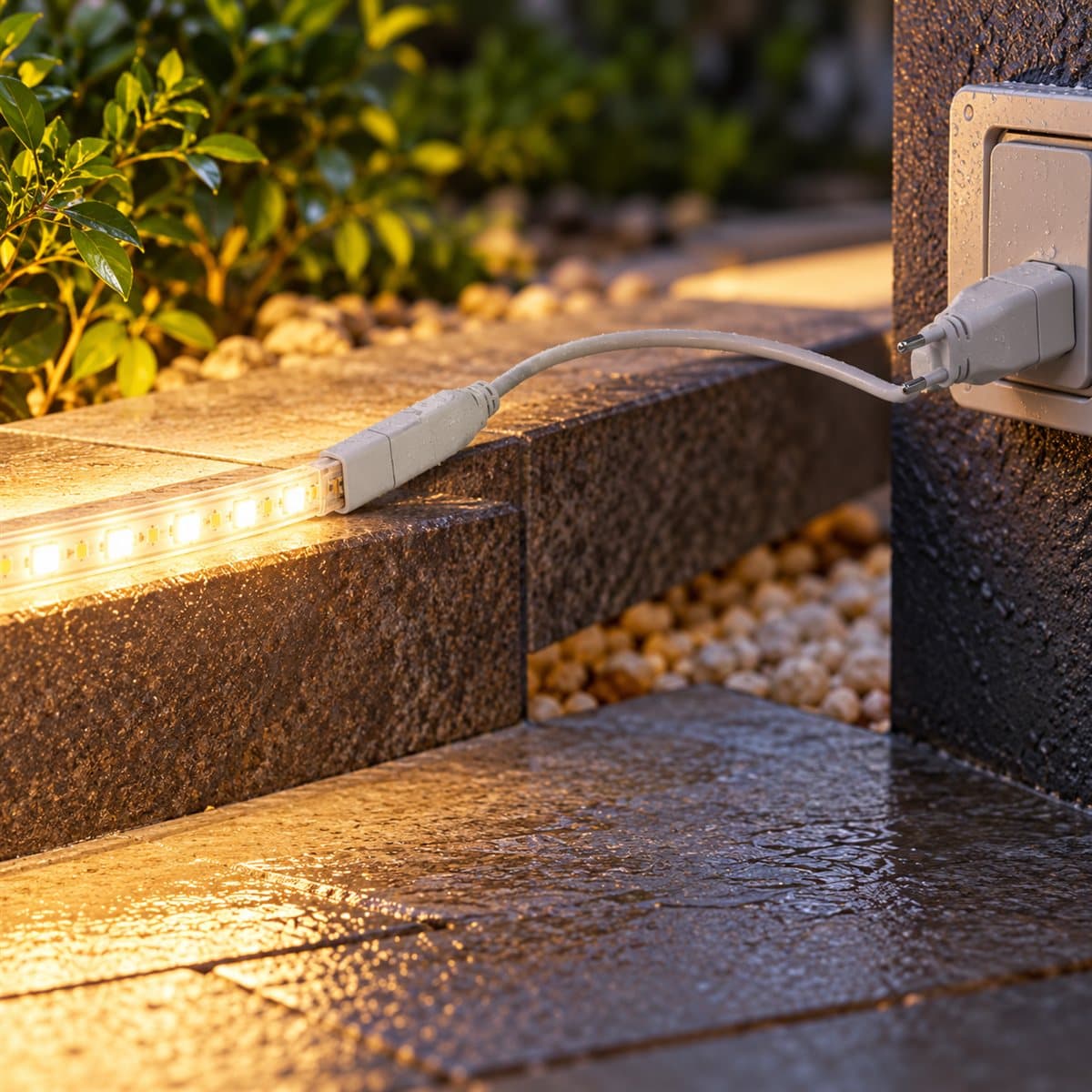 Khớp nối nguồn LED dây ngoài trời Panasonic đã lắp đặt, đang chiếu sáng