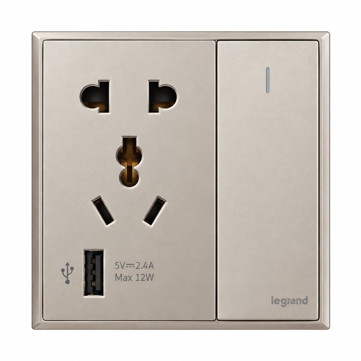 Ổ cắm đa năng có công tắc và ổ sạc USB Type A Obria Legrand trên nền trắng, ảnh sản phẩm chính diện