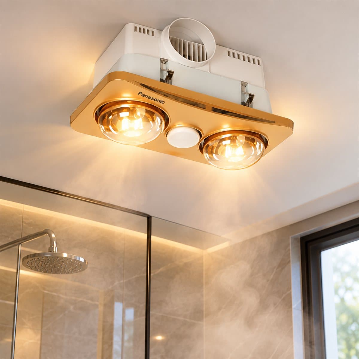 Đèn sưởi âm trần có quạt hút, 2 bóng Panasonic đã lắp đặt, đang chiếu sáng