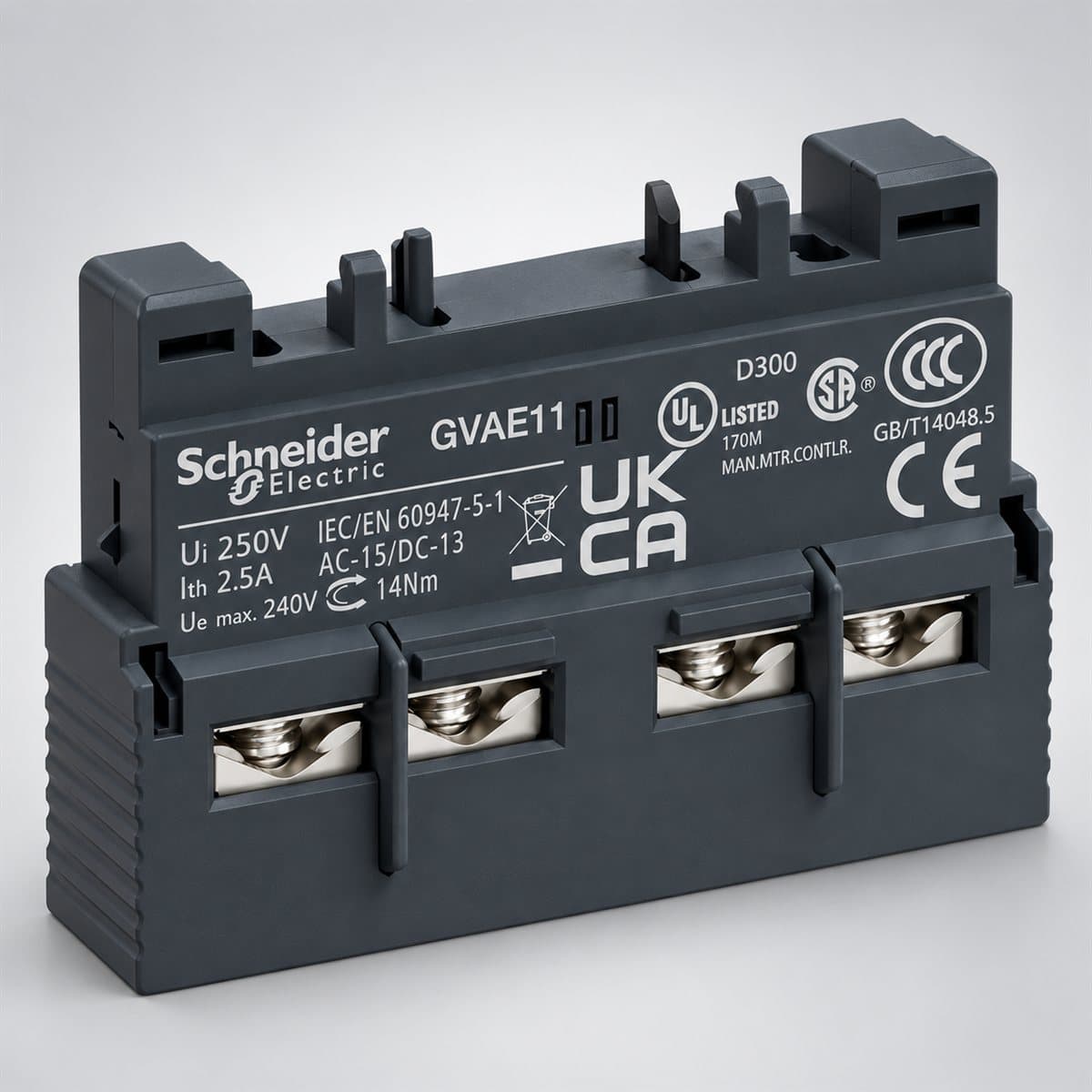 Tiếp điểm phụ tức thời lắp mặt trước TeSys GV2 Schneider chụp góc nghiêng 3/4, thấy rõ mặt và cạnh bên