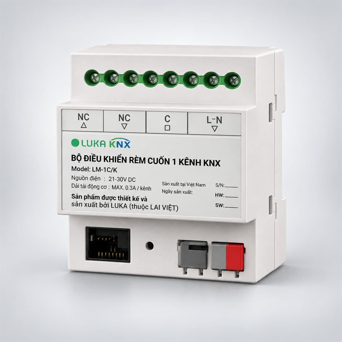 Bộ điều khiển rèm cuốn 1 kênh KNX Luka chụp góc nghiêng 3/4, thấy rõ mặt và cạnh bên