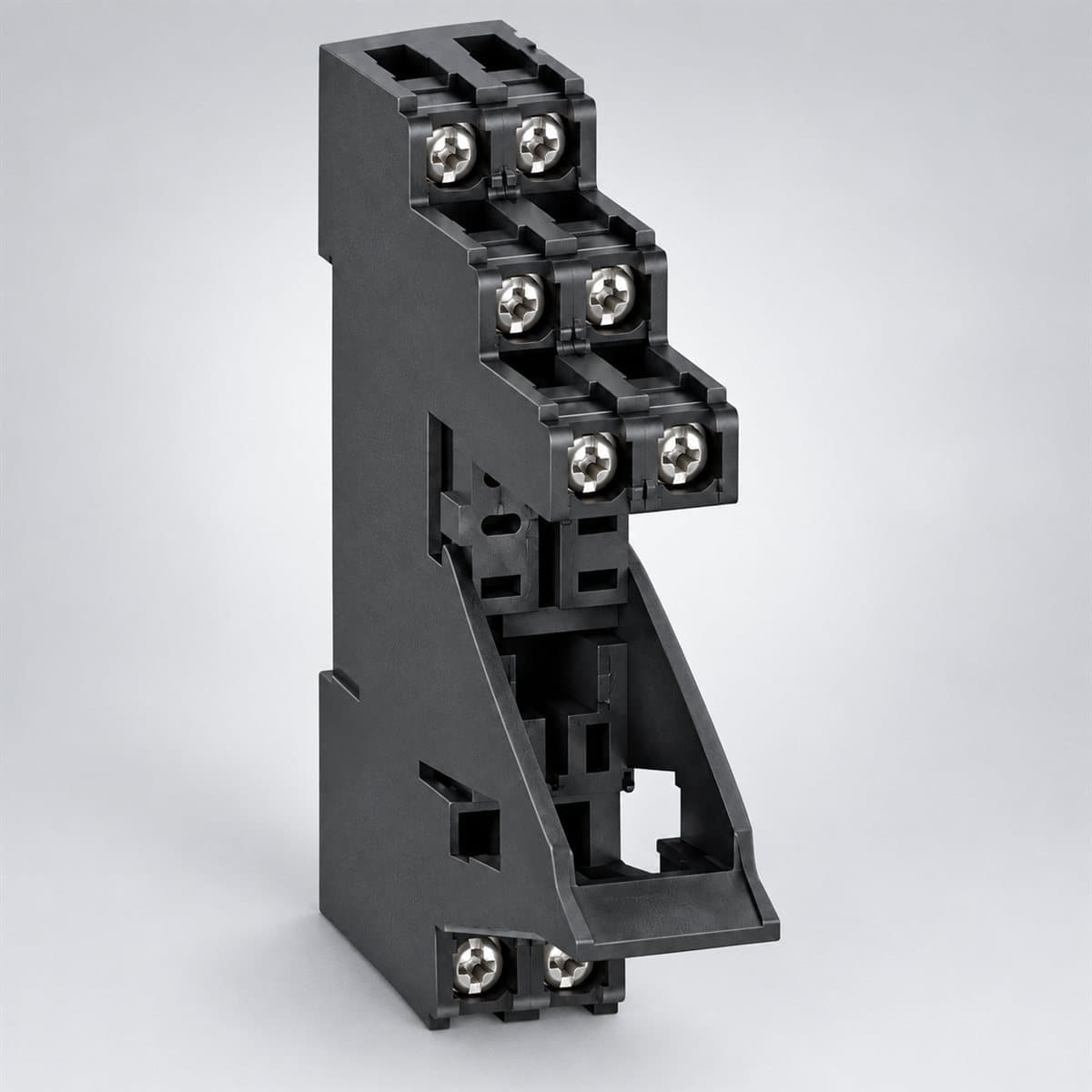 Đế RGZ cho rơ le Harmony RXG Schneider chụp góc nghiêng 3/4, thấy rõ mặt và cạnh bên