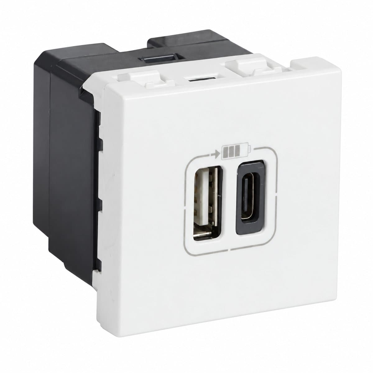 Ổ sạc USB đôi type A + Type C, 15W, 2 mô-đun hộp âm sàn Legrand trên nền trắng, ảnh sản phẩm chính diện