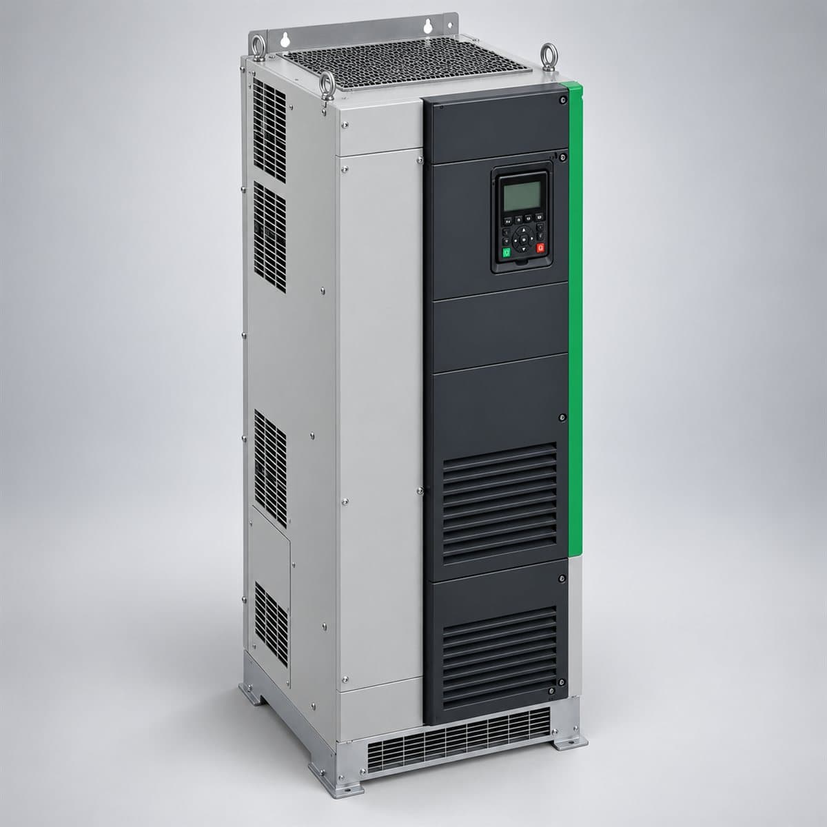 Biến tần tủ đứng Altivar Process ATV630 Schneider chụp góc nghiêng 3/4, thấy rõ mặt và cạnh bên