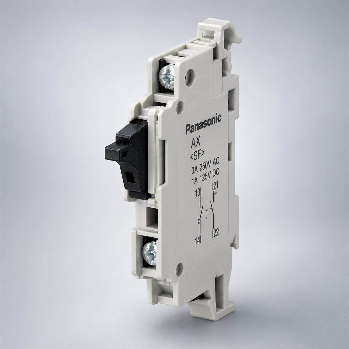 Tiếp điểm phụ báo tín hiệu, bên trái MCCB SF Panasonic chụp góc nghiêng 3/4, thấy rõ mặt và cạnh bên
