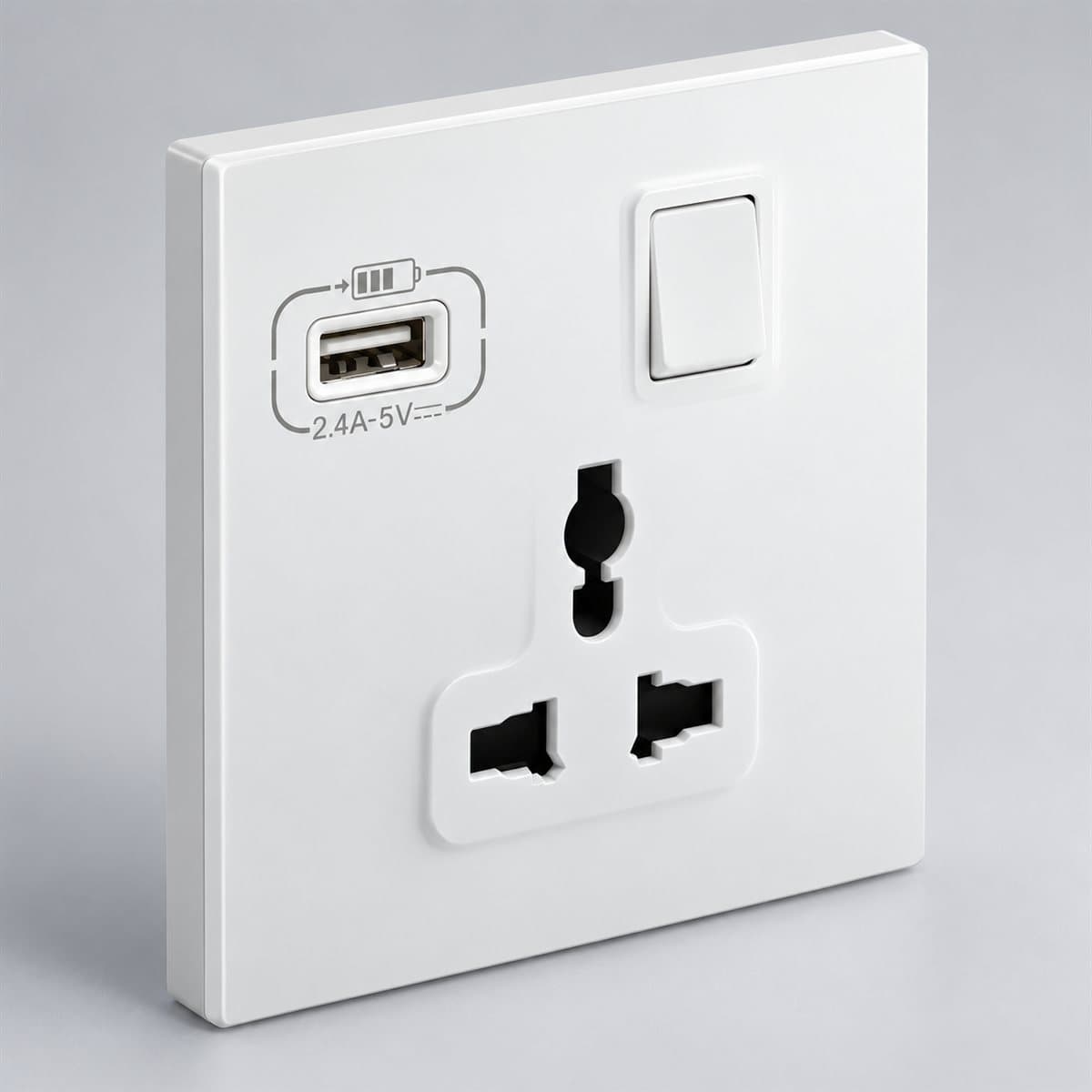 Ổ cắm đa năng có công tắc và ổ sạc USB Type A Mallia Senses Legrand chụp góc nghiêng 3/4, thấy rõ mặt và cạnh bên